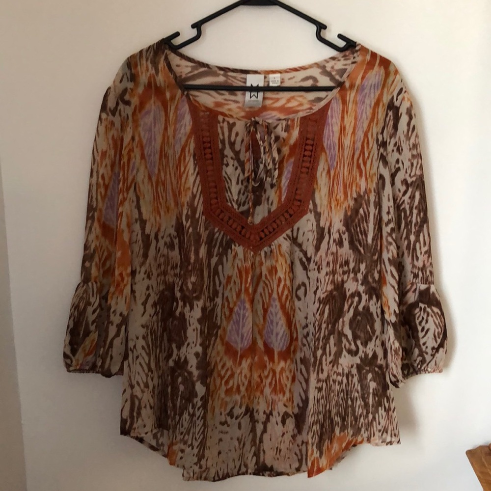 Sheer Marc Bouwer bohemian tribal print top, L